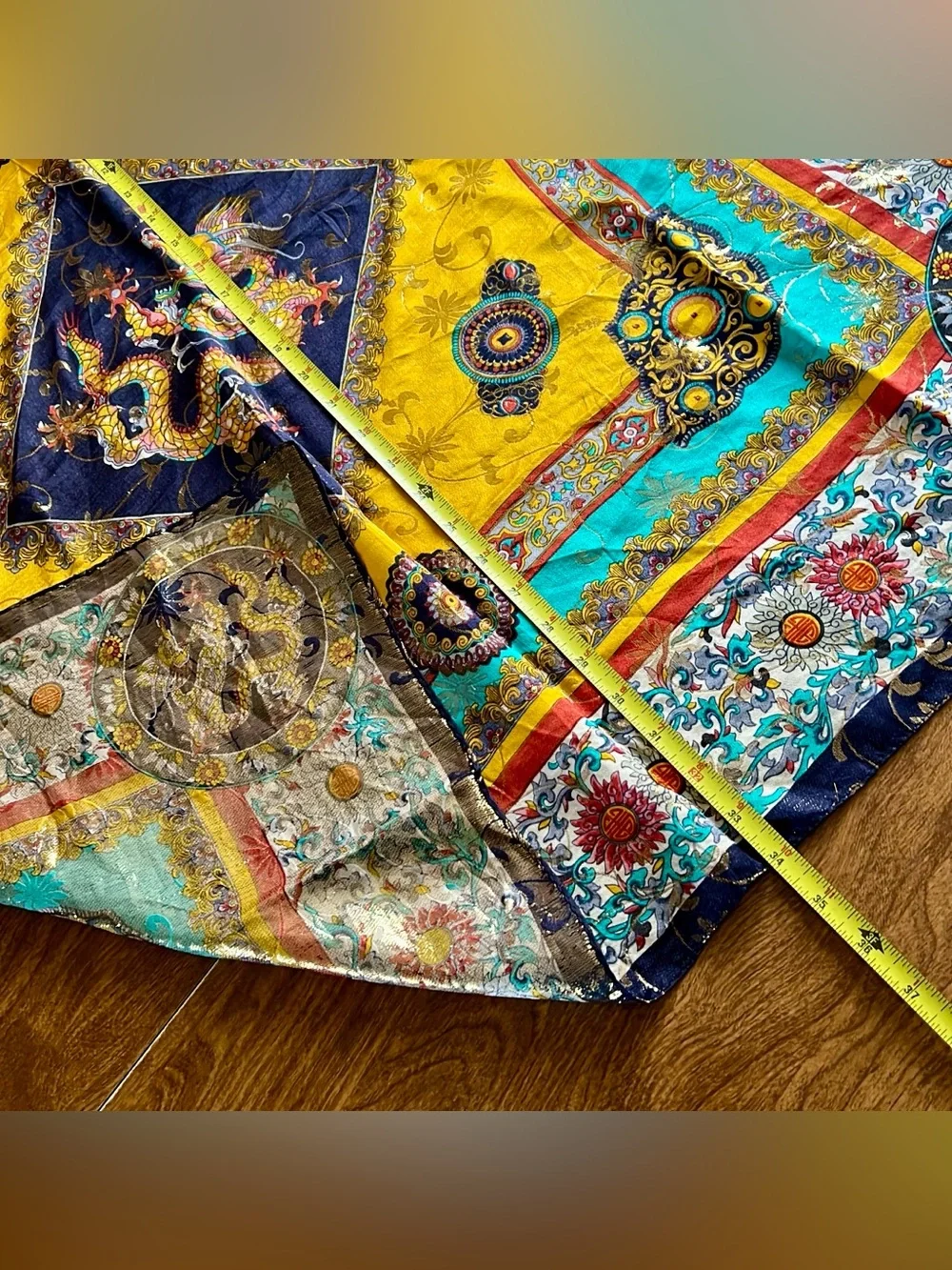 Vintage Large Square Chinese Dragon Flower Pattern Multicolored 100% Silk Scarf